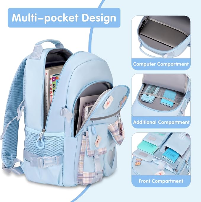 ACESAK Girls Backpack - Bento Box with Insulated Lunch Bag Pencil Case & Utensils Set for Kids, 6 Leakproof Compartments Removable Tray Lunches or Snack Container for School (Blue) - Image 4