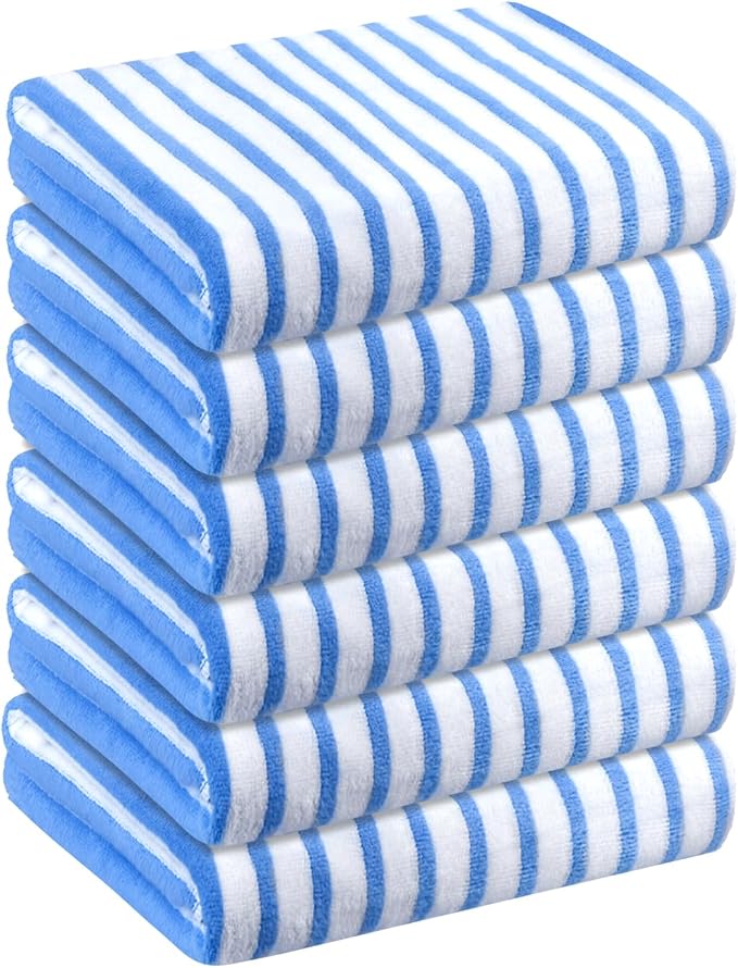 JML Microfiber Beach Towels, 6 Pack, 30" x 60", Cabana Stripe, Soft, Absorbent, Quick Dry Bath Towel Set for Adults, Travel, Summer Swimming Pool Party, Sport, Yoga, Camping, Stripe Blue and White by JML