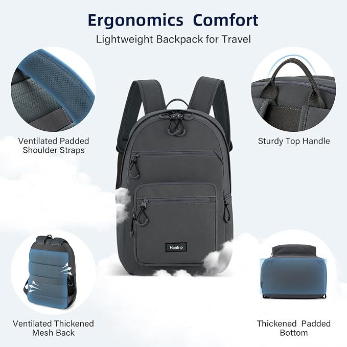 HanTrip Carry On Travel Backpack For Women, 18 Inch Water Resistant Large Backpack Lightweight Bookbag For Men, 8x14x18 Personal Item Bag Casual Daypack Backpacks For Work Office Commuter (Dark Gray) - Image 5