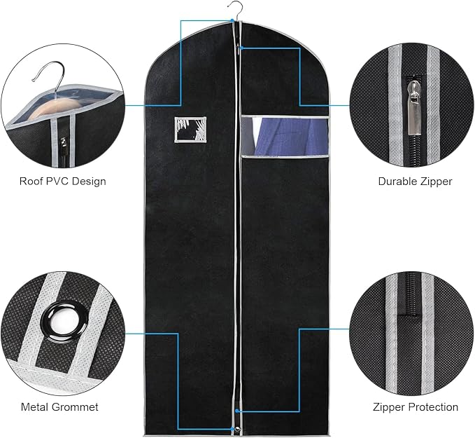Syeeiex 60'' Dress Bags for Gowns, Set of 4 Garment Bag for Hanging Clothes, Dress Garment Bag, Dustproof and Keep Closet Tidy, Perfect for Suit Evening Dresses Fur Coat Long Dress Gown(Black&Grey) - Image 3