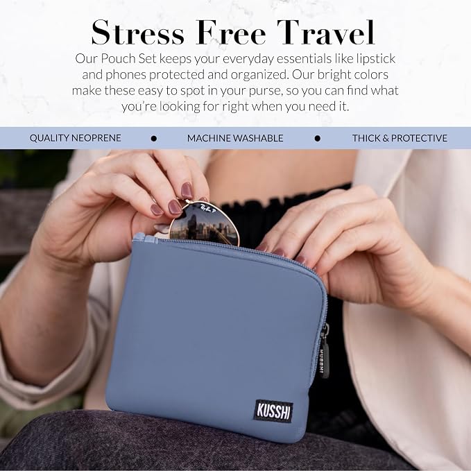 KUSSHI 2pc Neoprene On-The-Go Pouch Set - Passport Holder and Travel Zipper Makeup Pouch for Purse Organization, Electronics, Glasses & Valuables (Pearl Blue) - Image 2