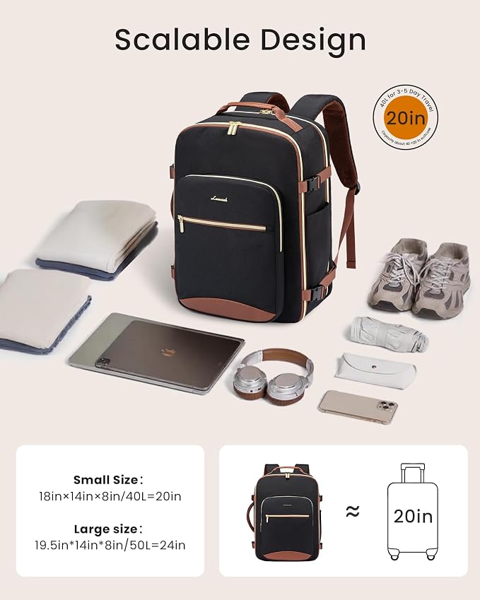 LOVEVOOK 50L Large Travel Backpack for Women Men Fits 17 Inch Laptop, Carry on Backpack for Traveling on Airplane, Personal Item Bag Airline Approved, Business Causal Weekender Backpack, Black-Brown - Image 3