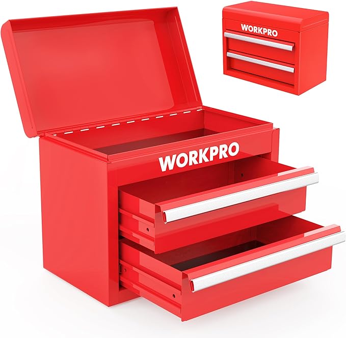WORKPRO Mini Metal Tool Box with 2 Drawers and Top Storage | Cold Rolled Steel, Small Tool Chest, PVC Liners, PP Feet Pads, Drawer Liners & Magnetic Tabs by WORKPRO