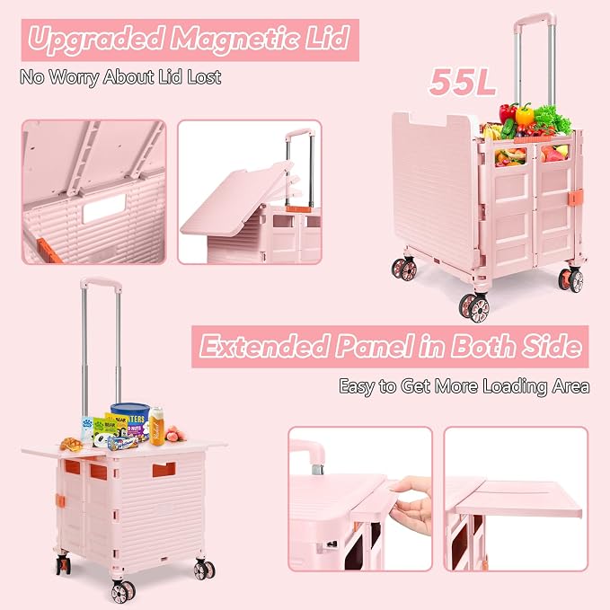 FELICON SELORSS Folding Utility Cart Portable Rolling Crate Handcart-Pink | Adjustable Handle+Extended Magnetic Lid,Storage Basket Box,4 Swivel Wheels Tote for Teacher Move Shop Travel Grocery Office - Image 3