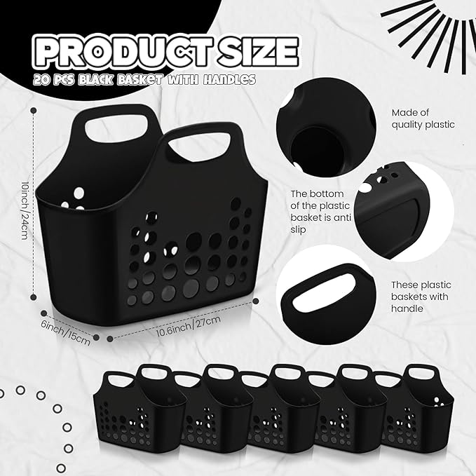 Nuogo 20 Pack Plastic Baskets with Handles Portable Shower Caddy Storage Baskets Reusable Caddy tote Organizer Bin for Bathroom Dorm Communal Showers Kitchen, 10.6" x 6" x 10" (Black) - Image 2