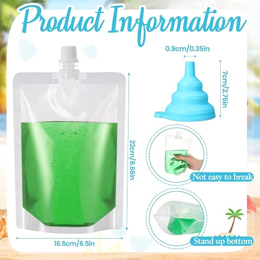 Patelai Plastic Liquid Pouch Reusable Juice Pouches Travel Water Pouch Leak Proof Bags Bulk with Collapsible Silicone Funnel for Travel Outdoor (60 Pieces,24 oz) - Image 4