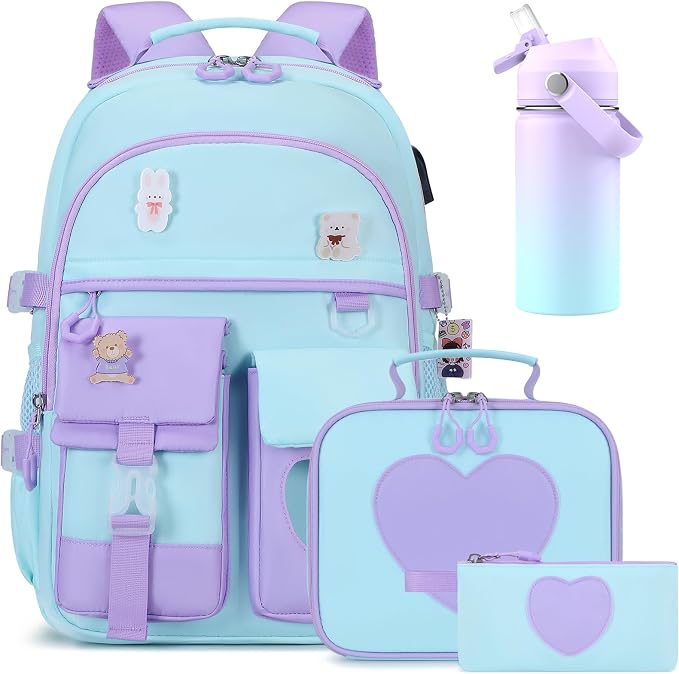 ACESAK Backpack for Girls with Insulated Water Bottle, Bookbag Backpack for Girls Kids, 14oz Kids Water Bottle Stainless Steel, Lunch Bag & Pencial Case, Back To School Gift (Blue Purple) by ACESAK