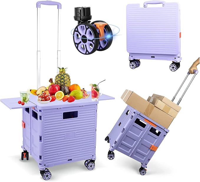 FELICON SELORSS Folding Utility Cart Portable Rolling Crate Handcart-Purple | Magnetic Sliding Lid,Telescoping Handle,Plastic Box Dolly,360°Swivel Wheels for Travel Shop Move Laundry Office Teacher Use by FELICON