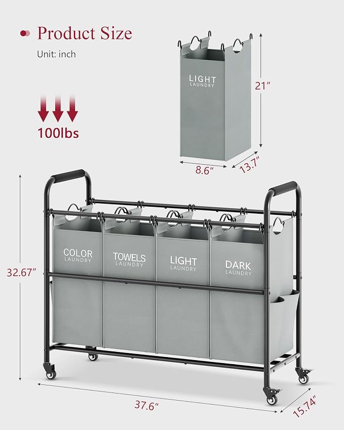 Tajsoon 4 Bag Laundry Sorter Cart, 4 Section Laundry Hamper Sorter with Heavy Duty Lockable Rolling Wheels, Laundry Separator Hamper with Removable Bags for Dirty Clothes Storage, Grey - Image 7