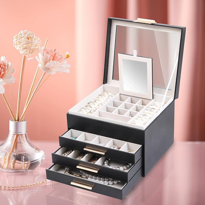BOOVO Clear Lid Jewelry Box,3 Layers Jewelry Organizer Large Jewelry Storage Box with 2 Drawers,Jewelry Holder Organzier of Rings Earrings Necklace Bracelets for Women (Black, 4 Layer) - Image 6