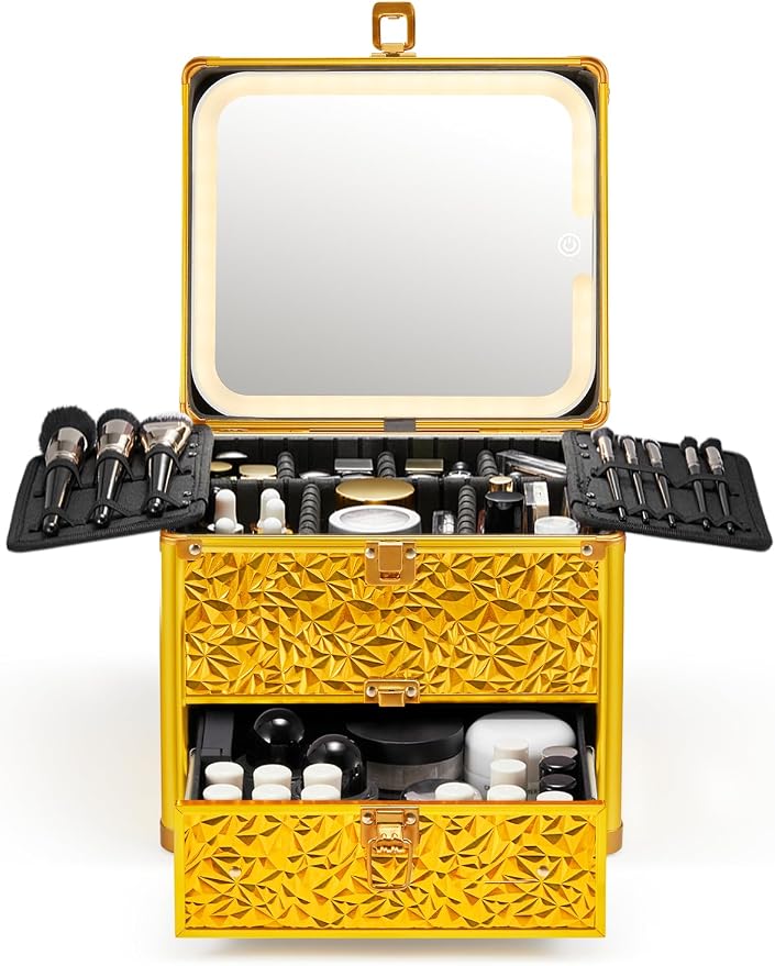 Qislee Makeup Box with Detachable Magnetic LED Mirror, Travel Train Case | Makeup Storage with Drawer, 6 Adjustable EVA Dividers, 2 Brush Boards, for Flight Trips, Waterproof Portable, Luxury Gold by Qislee