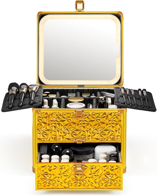Qislee Makeup Box with Detachable Magnetic LED Mirror, Travel Train Case | Makeup Storage with Drawer, 6 Adjustable EVA Dividers, 2 Brush Boards, for Flight Trips, Waterproof Portable, Luxury Gold by Qislee