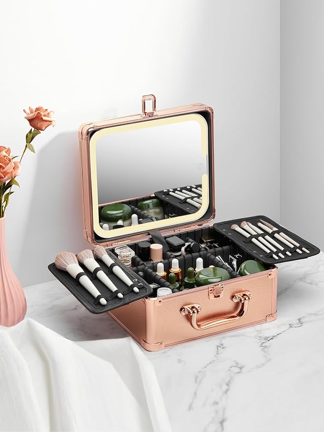 Qislee Makeup Box with A Detachable Lighted Mirror, Waterproof Travel Train Case, Cosmetic Organizer and Makeup Suitcase with Adjustable Dividers, Magnetic LED Mirror(Rose Gold) | Makeup Organizer, Cosmetic Travel Bag for Women, Adjustable Dividers, Br... - Image 8