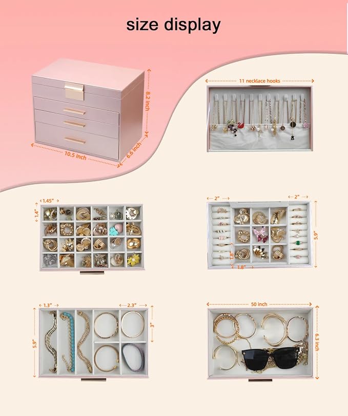 BOOVO Jewelry Boxes for Women, White and Black 6 Layer Large Jewelry Box for Necklace, Bracelet, Earrings, Rings Storage, Jewelry holder Organizer for Girls Gift (Rose Gold, 5 Layer) - Image 2
