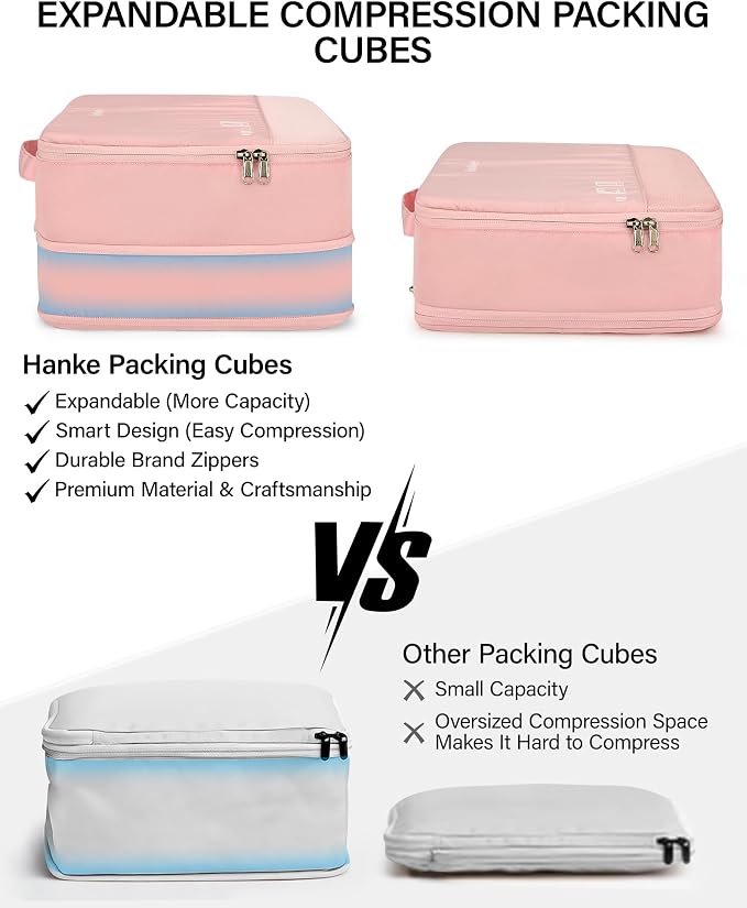 Hanke 7 Piece Expandable Compression Packing Cubes, Premium Travel Packing Organizers for Suitcases/Carry On, Luggage Organizer Bags with Breathable Mesh & Label,Pink - Image 2