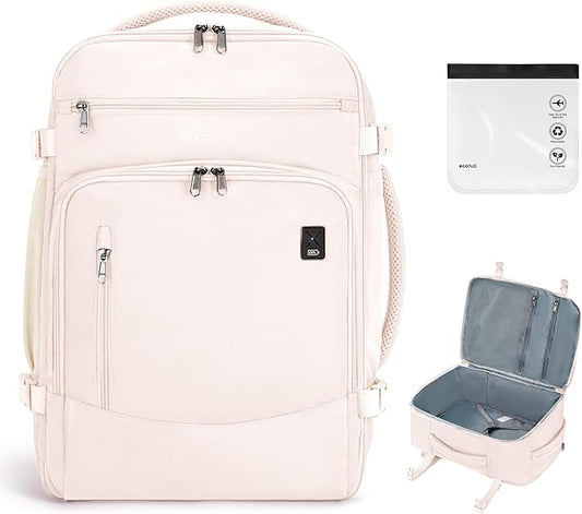 ECOHUB Travel Backpack for Women, 18x14x8 Frontier Airlines Personal Item Bag with Clear Toiletry Bag, Laptop Carry on Backpack with USB Port, Airline Approved Under Seat 14 Pockets 30L, Beige by ECOHUB