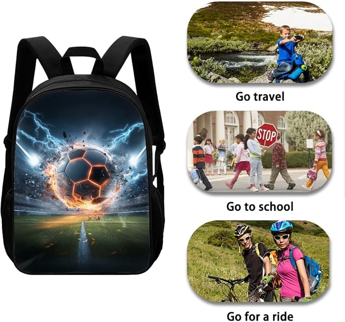 Soccer Ball Lighting Print Reusable School Bookbag Set for Teenage Girls, Durable Lightweight Backpack Set with Insulated Lunch Shoulder Box and Pencil Case, Children's Knapasck Set - Image 3