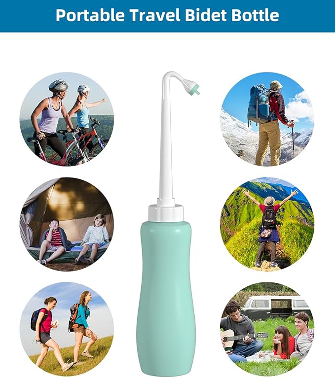 Hibbent Portable Bidet Sprayer and Travel Bidet with Hand Held Bottle for Personal Cleansing, Extended Nozzle Spray for Childbirth, Personal Hygiene, Outdoor, Camping with Travel Bag- 22oz/ Green