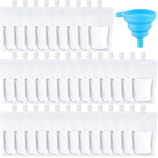 Patelai 150 Pieces Plastic Liquid Pouch Reusable Juice Pouches Travel Water Leak Proof Bags Bulk with Collapsible Silicone Funnel for Travel Outdoor (12 oz) by Patelai