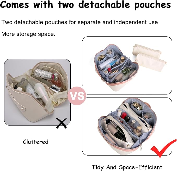BOYATU Travel Makeup Bag Organizer Cosmetic Bag: 3 Pcs Set Make up Bags for Women with Handle - Waterproof Vegan Leather Toiletry Bags Travel Essentials Pouch with Compartments (A-08-White) - Image 5