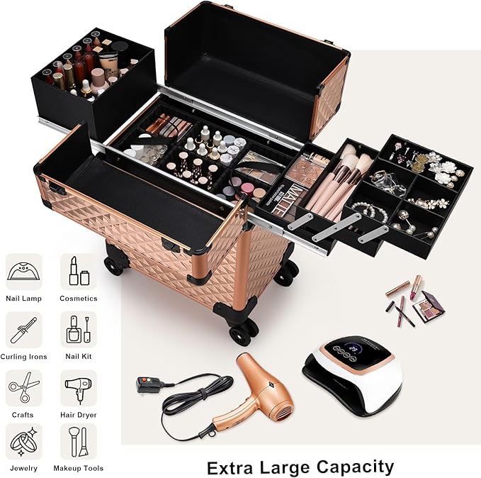 Stagiant Rolling Makeup Train Case Large Storage Cosmetic Trolley 4 Tray with Sliding Rail Removable Middle Layer with Key Swivel Wheels Salon Barber Case Traveling Cart Trunk - Image 2