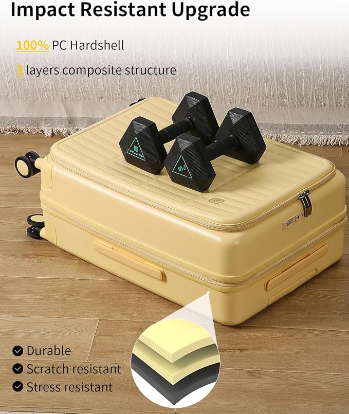 Expandable Top Open 24 Inch Checked Luggage with Spinner Wheels, Large Suitcase with TSA Lock, Hardside Travel Luggage Suitcases for Men Women, for 14+Days Travel, Cheese Yellow - Image 6