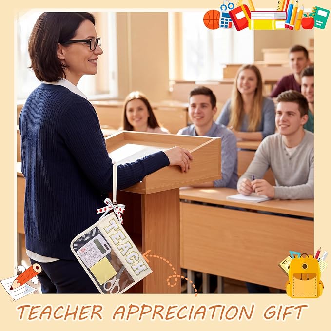 8 Pcs Teacher Appreciation Gifts Teach Chenille Letter Makeup Bag Monogram PVC Clear Zipper Pouch Wristlet Travel Cosmetic Bag Graduation Thank You Teacher Gift for Women (White Gold Letter) - Image 2