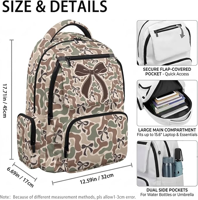 Duck Camo Bow Kids 4 Piece Backpack Set, 17 Inch School Backpack with Lunch Bag, Pencil Case and Water Bottle Holder, Lightweight Durable School Bag for Daily Use - Image 4