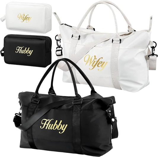Sanwuta 4 Pcs Wifey Hubby Duffel Bag Set 2 Honeymoon Travel Bags with 2 Toiletry Pouches Weekender Gym Tote for Couple Wedding Engagement Valentines His Hers Gifts Bridal Shower Gifts by Sanwuta