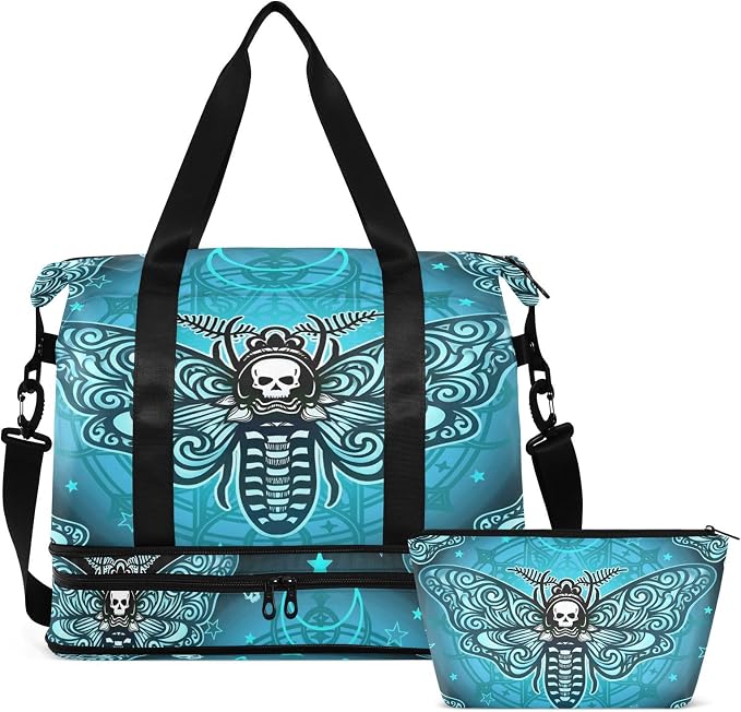 Travel Duffel Tote Bag Butterfly Skull Boho Sports Duffel Bag with Wet Pocket Weekender Overnight Bag for Women Men Gym Bag, Carry On Bag Hospital Bag for Labor and Delivery by MNSRUU