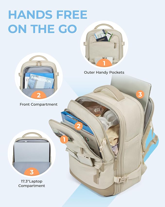 BAGSMART 37L Expandable Travel Backpack Compression Carry On Daypack | Warm Beige weekender bag fits 17" laptop. Water resistant luggage with packing cubes and shoe pouch. - Image 3