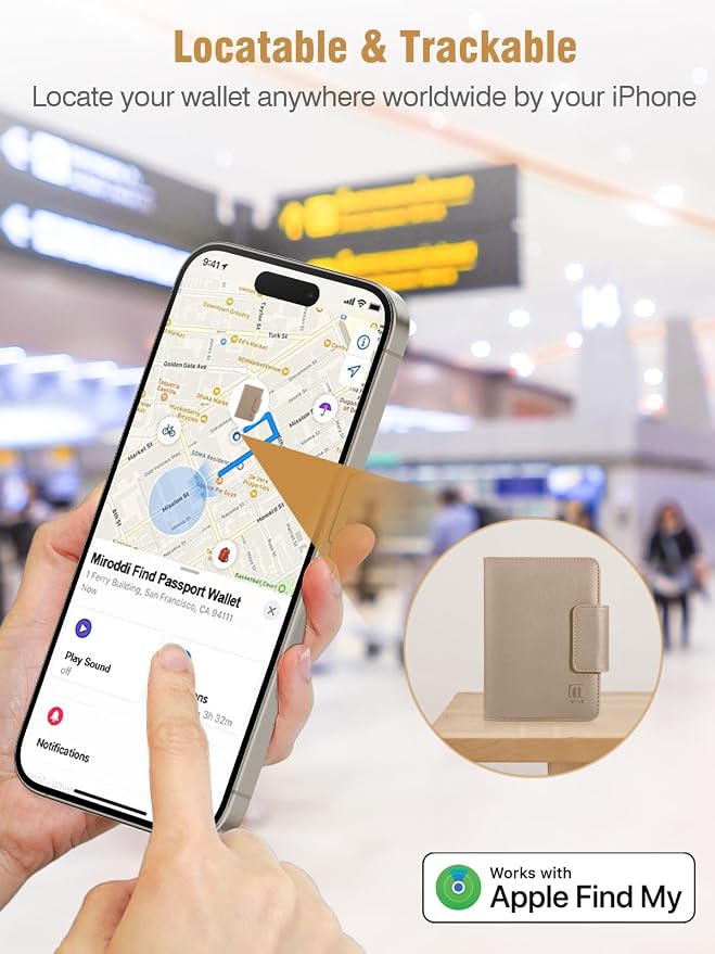 Miroddi Passport Holder for Travel, Works with Find My, Leather Passport Wallet for Travel Essentials, Passport Cover Case for Men and Women with Finder Tracker, 8 Card Slots, RFID Blocking, Khaki - Image 3