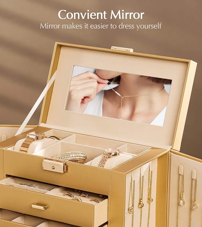 Homde Synthetic Leather Huge Jewelry Box Mirrored Watch Organizer Necklace Ring Earring Storage Lockable Gift Case (Gold) - Image 7