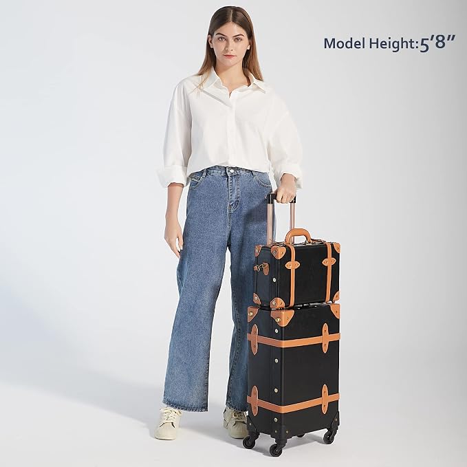 COTRUNKAGE 2 Piece Vintage Luggage TSA Lock Small Carry On Suitcase Sets for Travel with Spinner Wheels, Black - Image 2