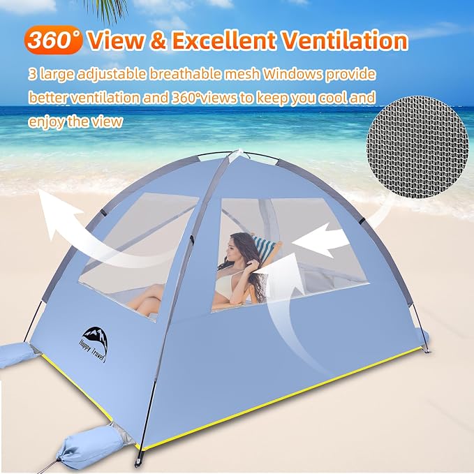 Happy Travel Beach Tent Sun Shelter for 3/4/5/6/7/8 Person, Portable UPF 50+ UV Protection Beach Shade Canopy for Family & Baby, Lightweight & Easy Setup Beach Cabana with 3 Ventilation Mesh Windows - Image 4