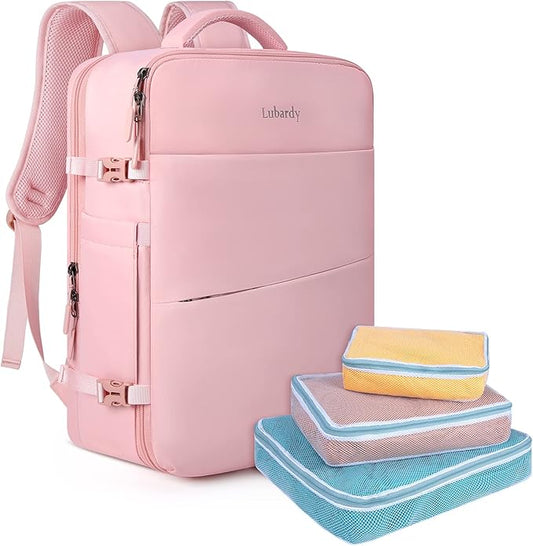 Lubardy Travel Backpack for Men Women 17 Inch Flight Approved Carry on Backpack Waterproof Large 40L Luggage Daypack Business College Weekender Overnight Laptop Backpack with 3 Packing Cubes, Pink by Lubardy