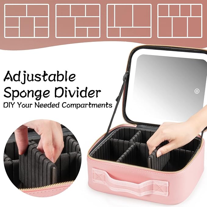 Extrei Gent Makeup Travel Train Case with Mirror LED Light 3 Adjustable Brightness Large Cosmetic Bag Portable Storage Adjustable Partition Waterproof Makeup Brushes Make up Jewelry Gift for Women - Image 3
