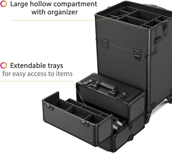 Pro Makeup Rolling Beauty Cosmetic Customizable Train Case Storage Compartment with Wheels and Telescoping Handle and Strap (Black) - Image 4