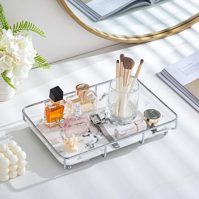 Dobbyby Vanity Tray Makeup Organizer Cosmetics Storage Bathroom Skincare Organizer Countertop Display Rack in Dresser Stainless Steel Shelf Marble Print Ceramic Trays - Image 4