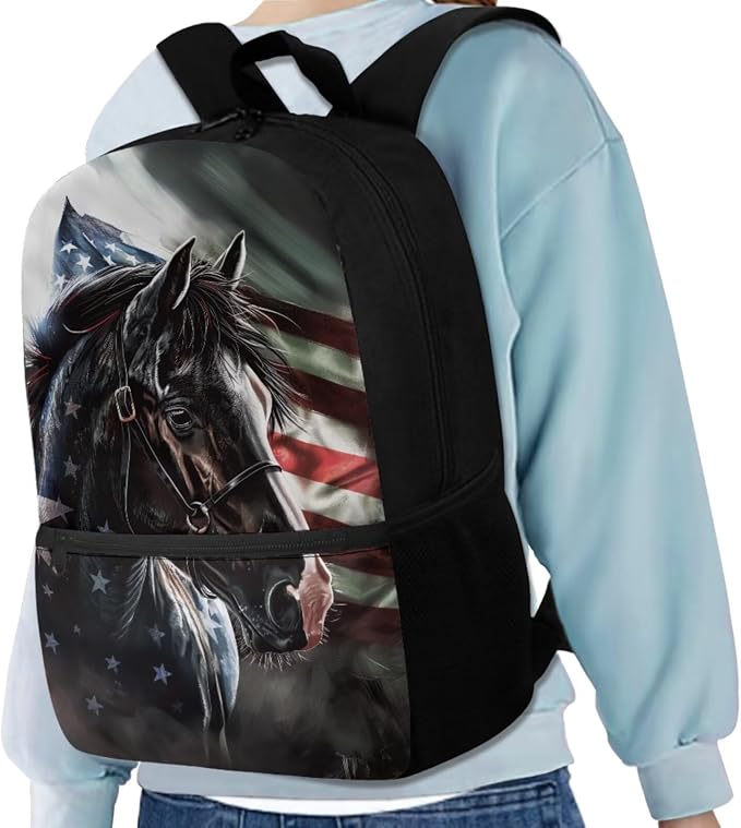 American Flag Horse Backpack for Boys Girls Backpack with Lunch Box Water Bottle Holder with Strap and Pencil Pouch 4PCS Bookbag with Front Pocket for School Teens 17 inch School Bag for Kids - Image 2