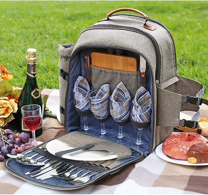 Sunflora Picnic Backpack for 4 Person Set Pack with Insulated Waterproof Pouch for Family Outdoor Camping (Brush Beige) - Image 3