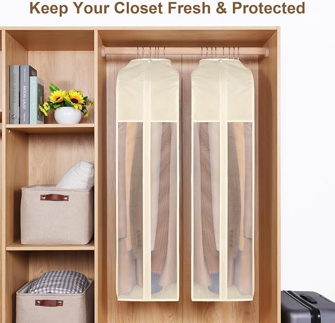 43" Premium Cotton Garment Bag for Hanging Clothes, Breathable Suit Bags for Closet Storage with Extre Large 10" Gusseted & Clear Window, Dust Cover with Zipper for Suits, 3 Pack, Beige - Image 4