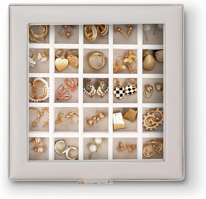 Glenor Co Earring Organizer - Classic 50 Section Jewelry Box/Case/Holder for Earrings, Rings, Necklaces, Jewelry, Cufflinks or Collections -2 Layer Small Compartments with Large Glass Top - Grey - Image 2