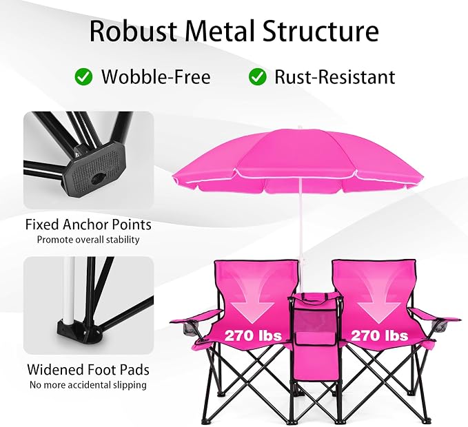 Goplus Double Camping Chair with Umbrella, Folding Loveseat Chairs w/Canopy Shade, Carrying Bag, Table, Cup Holder, Portable Beach Chairs Outdoor Picnic Patio (Pink) - Image 7