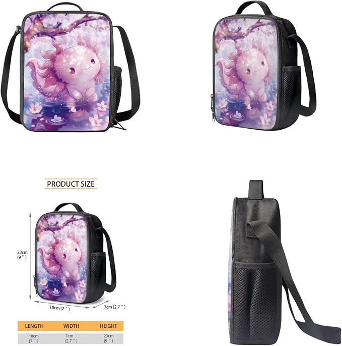 Cherry Blossom Axolotl Backpack for Girls Kids Backpack with Lunch Box Water Bottle Pouch and Kawaii Pencil Case 4PCS Set Cute Bookbag with Front Pocket 17" School Bag for Elementary Girls - Image 4