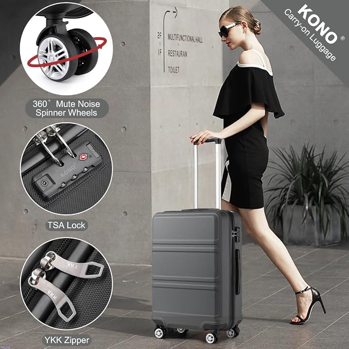 Kono 24 Inch Luggage Suitcase with Spinner Wheels TSA Lock | Lightweight PC+ABS Hardside Medium Checked Luggage Durable Rolling Suitcase Grey - Image 4