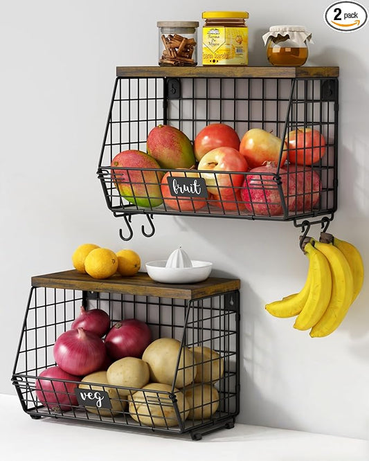 Goozii Hanging Wall Fruit Basket for Kitchen Counter 2 Pack, Stackable Wire Baskets for Organizing with Wood Lid, Potato and Onion Storage Bin with Banana Hook for Vegetable Produce, Black + Rustic by Goozii