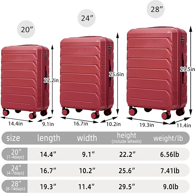 Hardshell Luggage Sets, Lightweight Stripes Suitcases with Spinner Wheels, Red-220 - Image 8