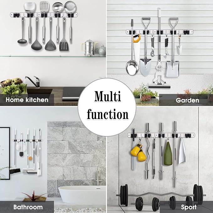 AceMining 5 Racks and 4 Hooks Mop and Broom Holder Wall Mount, Broom Organizer Storage Tool Racks Stainless Steel Heavy Duty Hooks Self Adhesive Solid Non-slip for Home Kitchen Garden Laundry Garage - Image 7