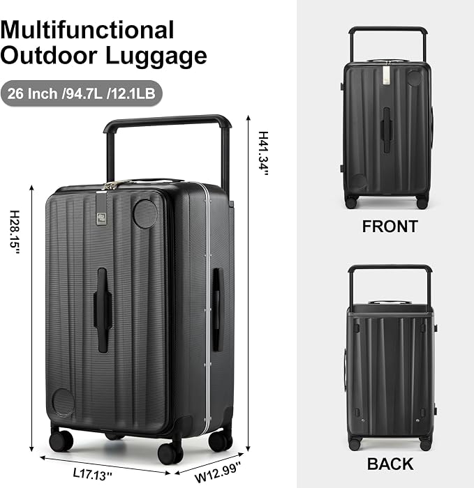 Hanke Multifunctional 26 Inch Hard Shell Suitcases with Wheels Travel Approved Luggage Large Rolling Suitcase Checked Luggage for Women Men(Jet Black) - Image 3